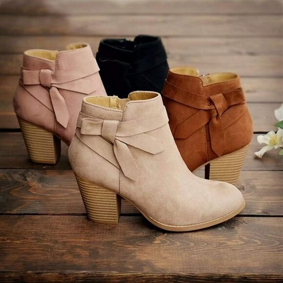 Stylish Women's Closed Toe Bow Tie Ankle Booties - Elegant Chunky Heel, Size 8.5 - Picture 3 of 3